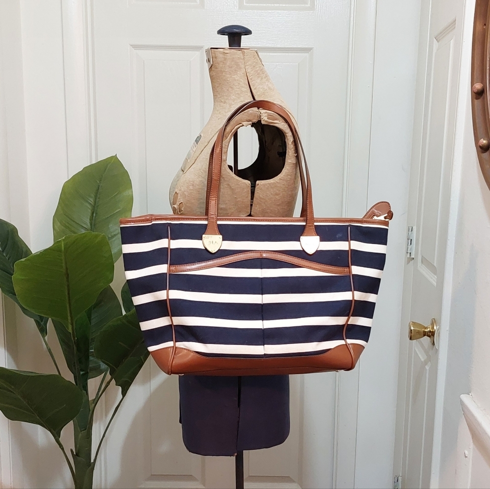 Lauren Ralph Lauren Navy and White Striped Tote with Brown Trim